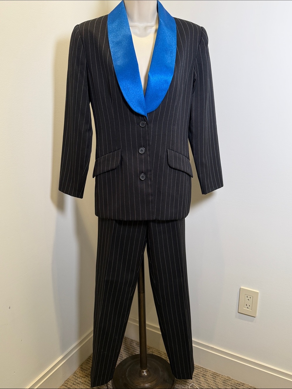 Women's Black Pinstripe Pantsuit with Bright Blue Satin Collar